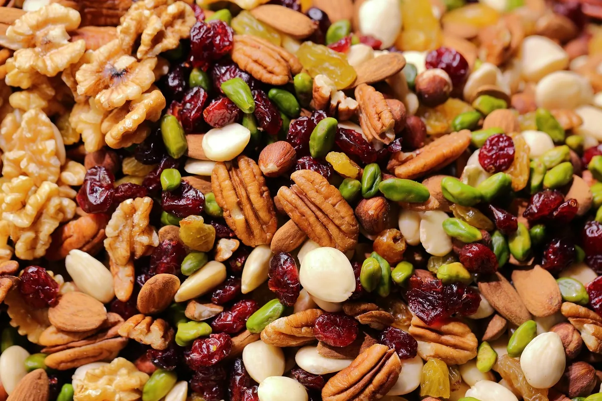 Mixed dried fruit and nuts — cranberries, raisins, almonds, pistachios, walnuts